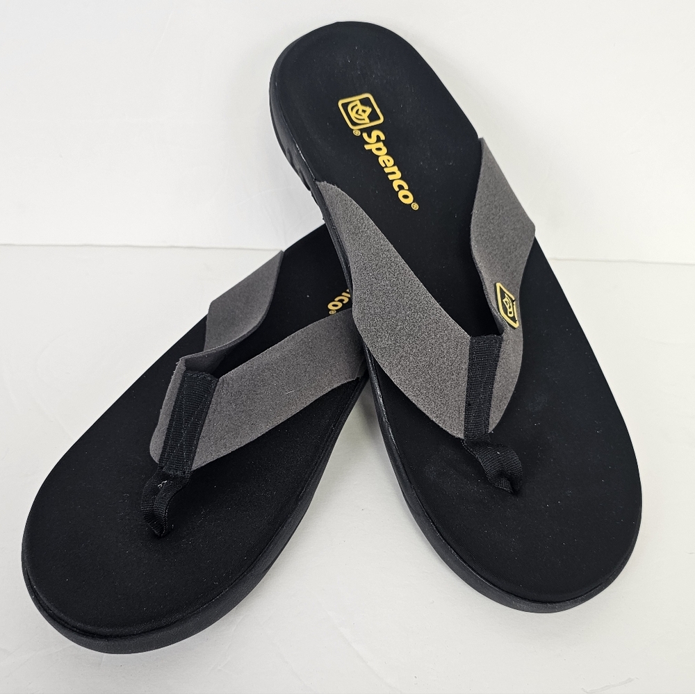 Spenco Pure Sandals Flip Flops Orthotic Support Black Grey Thong Size 11D NWOT